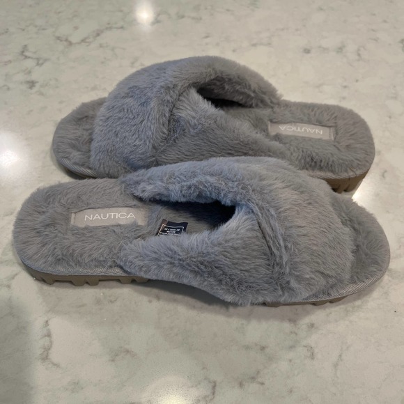 Nautica Fuzzy Women's Gray Cross Over Faux Fur Open Toe Slide‎ Slippers Size 9 - Picture 5 of 8